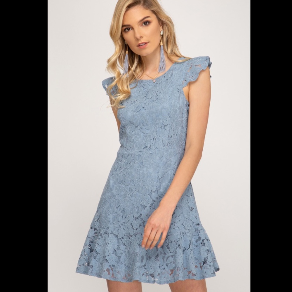 She & Sky Dusty Blue Lace Cap Sleeve Dress